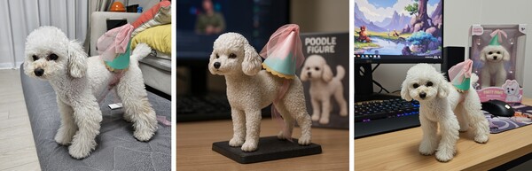 원본 사진(왼쪽)을 챗GPT를 활용해 '피규어' 형태(가운데)로 변경했다. 오른쪽은 나노 바나나에서 같은 프롬프트를 사용해 만든 이미지. 사진=이준 기자, 챗GPT, 나노 바나나