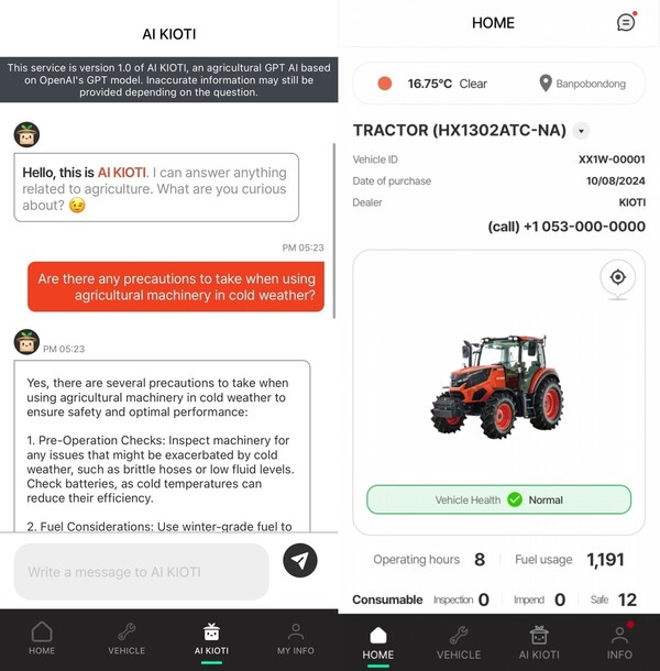 대동은 올해 하반기 '카이오티 커넥트 앱' 서비스 국가를 유럽 전역으로 확대하고 내년 1월까지 TMS 장치를 전 트랙터 기종에 기본 장착할 계획이다. 사진은 농업 데이터 기반의 전문성 있는 사용자 맞춤 농작업 정보를 시간, 장소 상관없이 실시간 제공하는 AI KIOTI 기능(왼쪽), 농기계 원격 관제 서비스 모습. 사진=대동