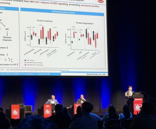 한미약품이 ﻿오스트리아 비엔나에서 열린 제61회 유럽당뇨병학회(EASD 2025)에서 차세대 비만치료제 3종에 대한  6건의 비임상 연구 결과를 발표했다. 전해민 한미약품 R&D센터 임상이행팀장이 비만 신약 HM17321 관련 발표를 하고 있다. 사진=한미약품