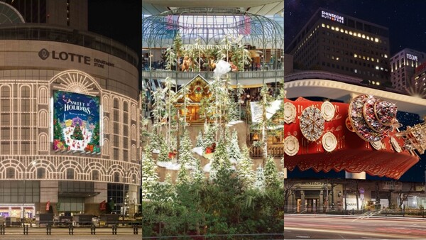 소비쿠폰 지급과 외국인 관광객 증가로 백화점 실적 반등이 기대되자, 각사가 연말 크리스마스 마케팅에 나섰다. 롯데백화점 '스위트홀리데이'로 물든 롯데타운 명동 전경(왼쪽부터), 현대백화점 더현대 서울 2025년 크리스마스 공방 랜더링 이미지, 신세계스퀘어 2025 크리스마스 영상 랜더링 이미지. 사진=각 사
