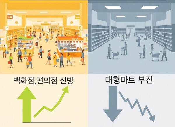소비심리 둔화 속에서도 외국인 매출과 소비쿠폰 효과로 백화점·편의점은 선방한 반면, 대형마트는 부진하고 온라인은 쿠팡 중심으로 성장하며 유통업계의 양극화가 심화되고 있다. 사진=챗gpt 이미지생성