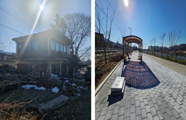노후한(왼쪽) 시설을 철거하고 새롭게 시민을 위한 수변 공간(오른쪽)으로 재탄생한 세심정 부변.  [사진=용인시]